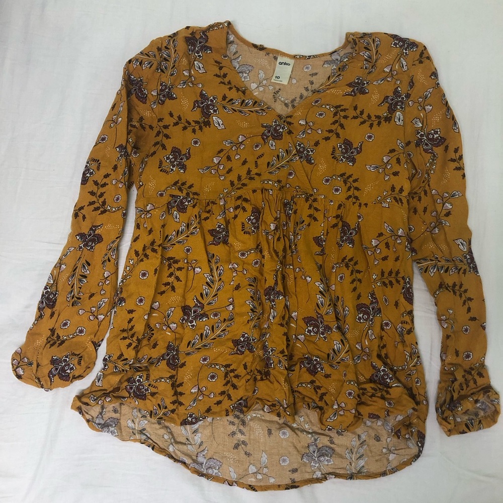 Deep yellow floral top with cross-over front - Picture 1 of 7